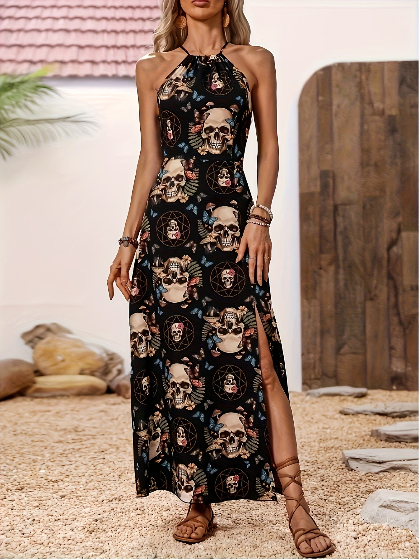Women's Elegant Skull & Floral Print Halter Dress - Backless, Split Thigh, Sleeveless Maxi for Spring/Summer, Black Polyester Blend, Machine Washable, Occasion Wear | Skull Print Design | Stylish Appliques