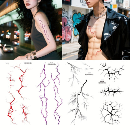 4 Lightning Tattoo Stickers with Floral Blood Vessel Design, Waterproof Halloween Makeup Face Decals - Realistic Black Sketch Temporary Tattoos for Men & Women: Arm, Thigh, Body Art, Long-Lasting Fake Tattoos