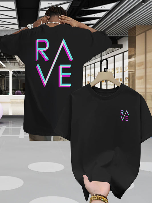 Men'S Summer Casual RAVE Graphic T-Shirt - Black with Pink & White Neon Print, Short Sleeve, Round Neck, Lightweight Polyester Blend, Perfect for Casual Attire, Everyday Tshirt | Round Neck Shirt | Comfortable Fit