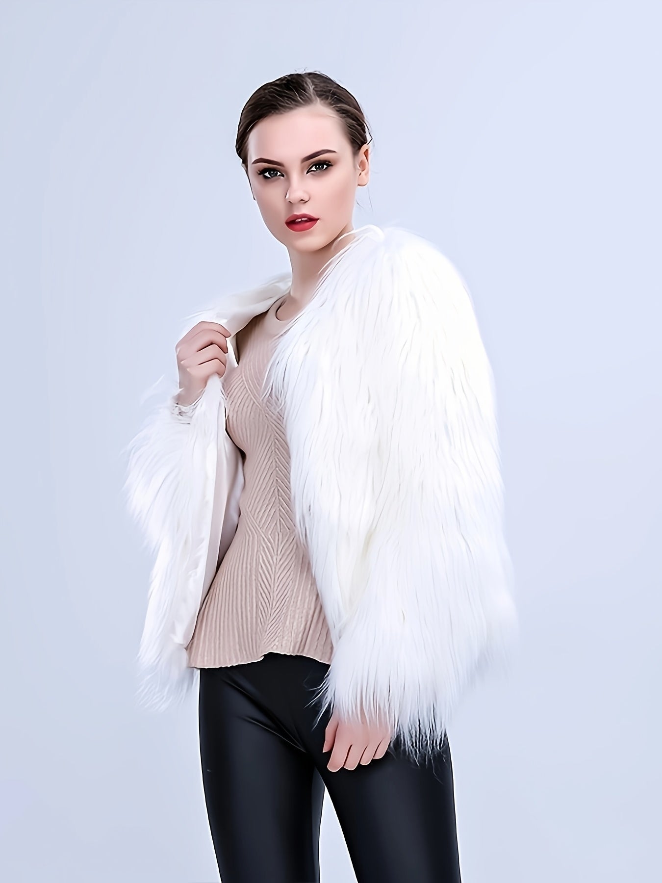 Elegant LED Faux Fur Coat for Women - Fashionable, Night-Lighting, Fall/Winter, Polyester, Non-Stretch, Solid Color, Regular Sleeve, Long Sleeve, No Belt, Pocket, Single Breasted Placket, Weekend Casual, Regular Fit, Adult, A