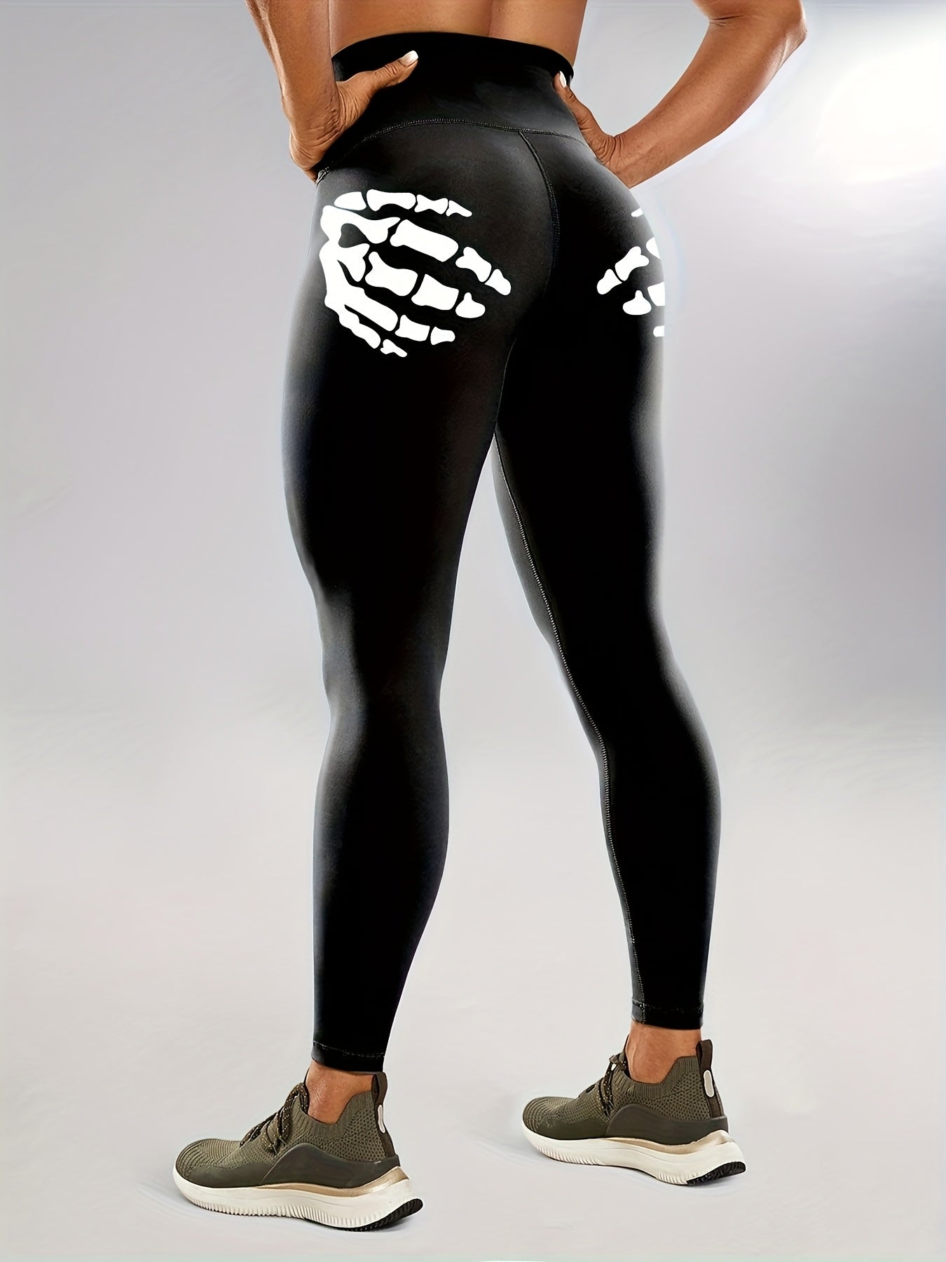 Women'S High-Waisted Stretchy Fitness Leggings with Glow-in-the-Dark Skull Print - Black, Elastic Waistband, Long Length for Running, Yoga & Halloween Party Wear, Yoga Pants, Halloween Leggings, Bold Graphic Pants, Highelasti