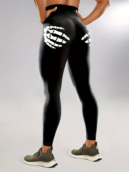 Women'S High-Waisted Stretchy Fitness Leggings with Glow-in-the-Dark Skull Print - Black, Elastic Waistband, Long Length for Running, Yoga & Halloween Party Wear, Yoga Pants, Halloween Leggings, Bold Graphic Pants, Highelasti