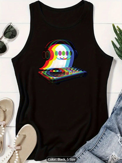 Women's Casual Sleeveless Tank Top with DJ Music Graphic Print - EDM Rave-Inspired Acid House & Psychedelic Pop Design, Stretchy Comfort Fit, Machine Washable for Clubbing, Festivals & Casual Attire, Ladies Tank Tops, Festiva