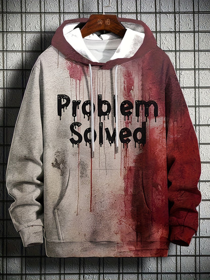 Men'S 3D Halloween Print Hoodie - "Problem Solved" Graphic, Red & Gray, Casual Streetwear with Drawstring Hood, Perfect Gift for Relatives, Siblings, or Friends, Halloween Clothes