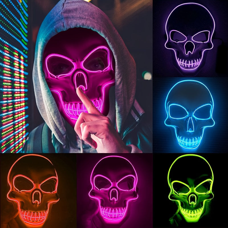LED Glowing Skull Mask with Blue Light Effects - Self-Lit Halloween Costume Party Mask with Expressive Eyes & Sharp Teeth, Battery-Powered (Batteries Not Included) for Men's Costumes, Themed Events, Gothic Performances - Comp