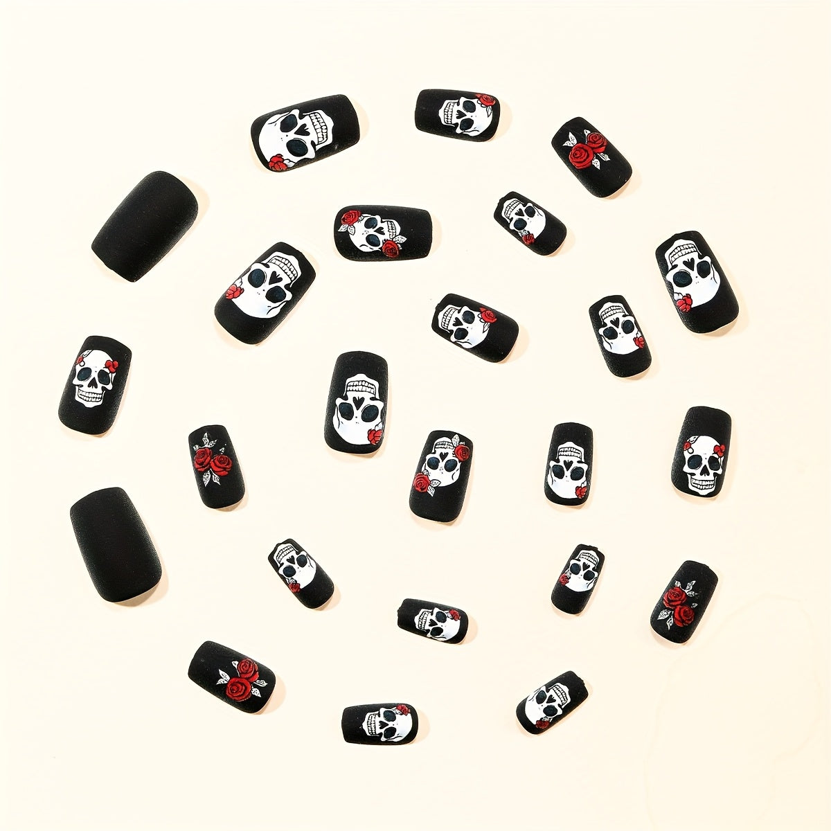 [Halloween Nails] 24pcs Halloween Nails | Black Matte Rose Skull Print Design, Full Coverage Press False Nails for Women's Holiday Party Nail Art Decoration