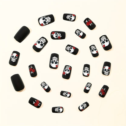 [Halloween Nails] 24pcs Halloween Nails | Black Matte Rose Skull Print Design, Full Coverage Press False Nails for Women's Holiday Party Nail Art Decoration