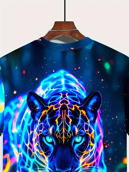 3D Neon Panther Print Men's Polyester T - Shirt, Short Sleeve, Cool Neon Animal Design, High - Quality 3D Printing, Comfortable Polyester, Stylish Casual Apparel, Distinctive Look, Must - Have Men's Fashion, Trendy Choice