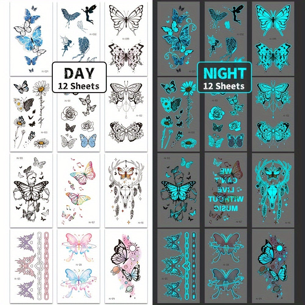 12 Sheets Luminous Glow in the Dark Temporary Tattoos - Waterproof Fake Tattoo Stickers with Butterfly & Floral Designs, Neon Blue Glow for Nightclub, Festival, Party Decoration, Festival Body Art | Mystical Design Elements |