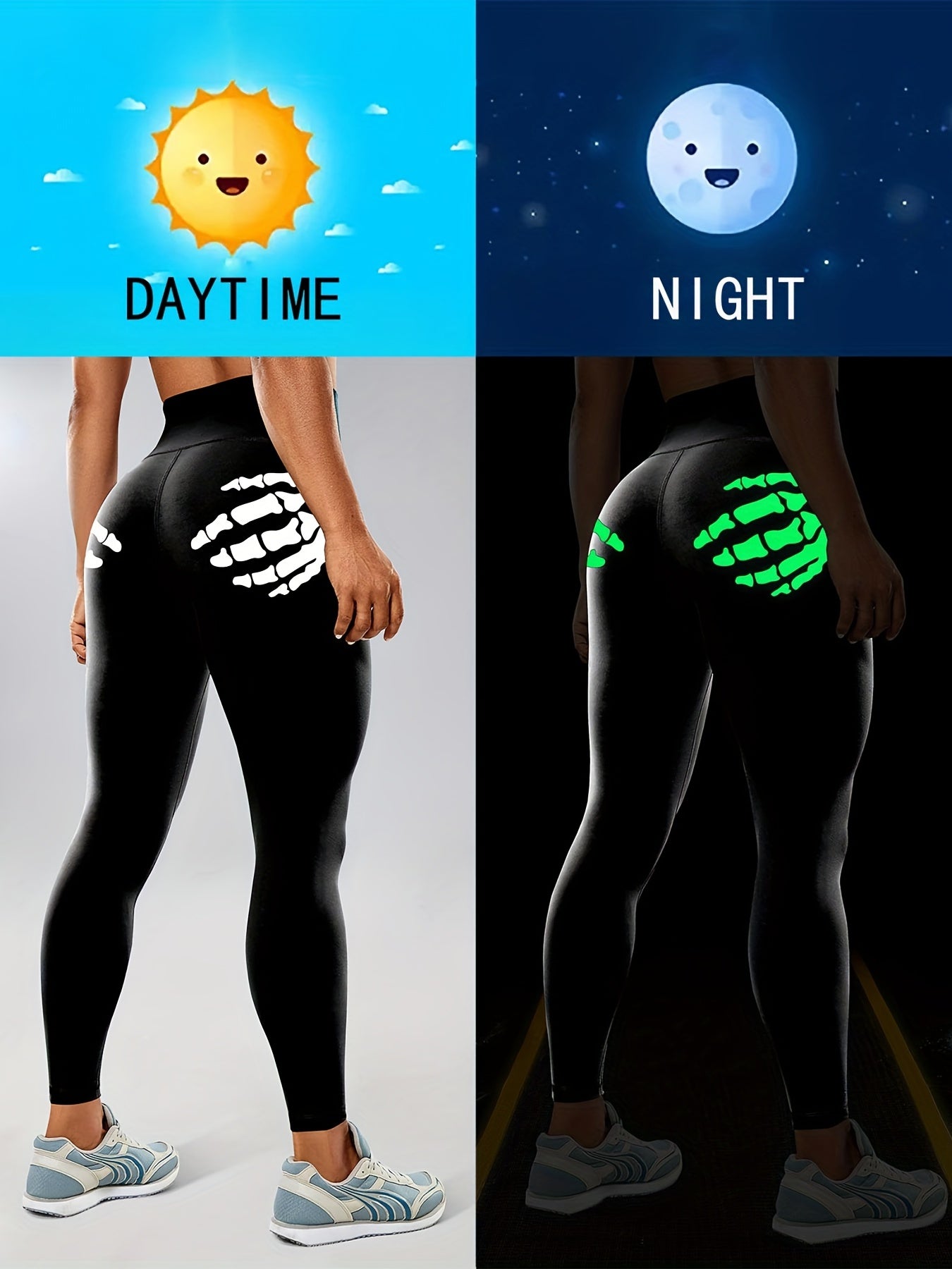 Halloween Fluorescent Skeleton Hands Printed Sports Yoga Leggings, High Waist Workout Running Sports Tight Pants, Women's Activewear Carnaval for carnival & Music Festival