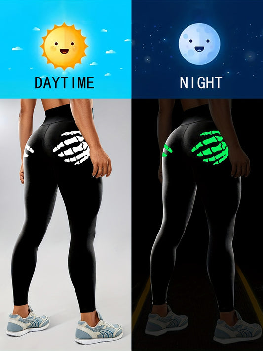 Halloween Fluorescent Skeleton Hands Printed Sports Yoga Leggings, High Waist Workout Running Sports Tight Pants, Women's Activewear Carnaval for carnival & Music Festival
