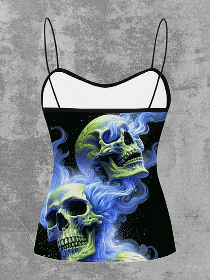 Women's Gothic Pink Flame Skull Graphic Cami Top - Elegant Sleeveless Spaghetti Strap Shirt, Machine Washable, Stretch Fabric, Perfect for Spring/Summer/Fall, Casual Wear | Edgy Chic | Medium Stretch