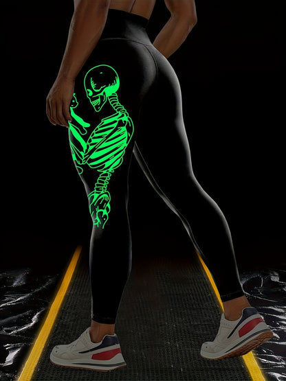 Women'S High-Waisted Stretchy Fitness Leggings with Glow-in-the-Dark Skull Print - Black, Elastic Waistband, Long Length for Running, Yoga & Halloween Party Wear, Yoga Pants, Halloween Leggings, Bold Graphic Pants, Highelasti