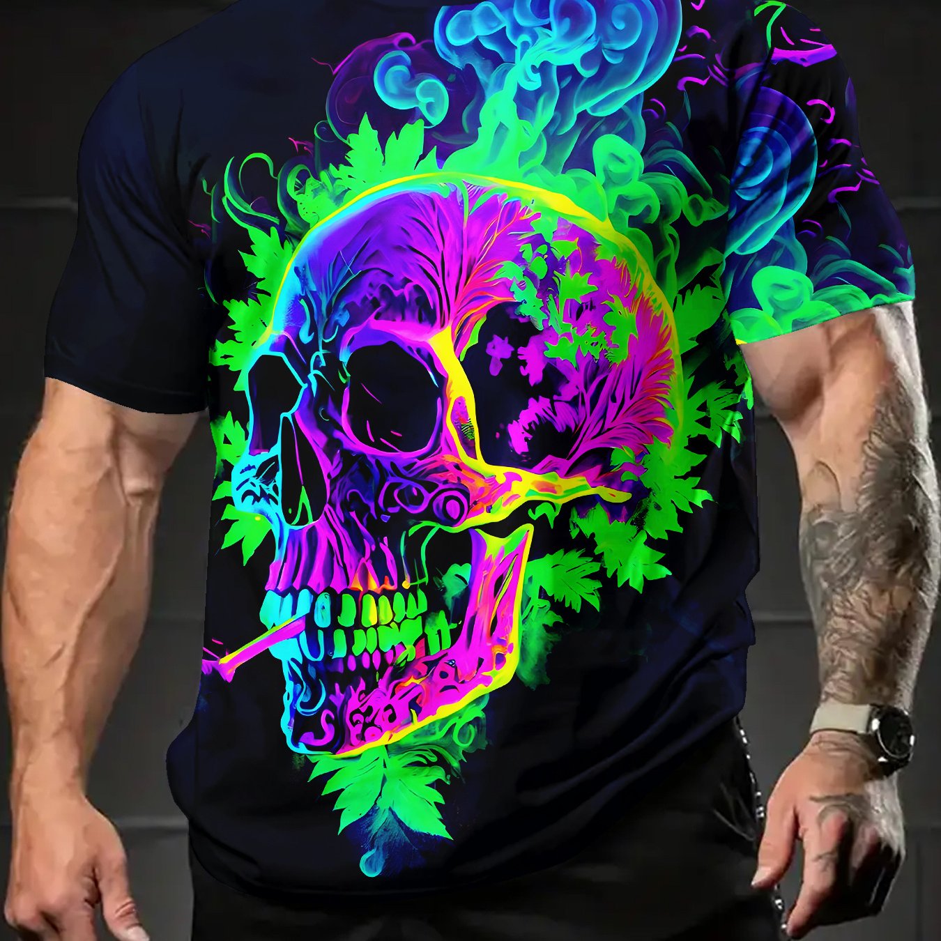 Men's Fluorescent Skull Print T-Shirt - Vibrant Summer Short Sleeve Tee, Casual & Comfortable Round Neck Graphic Tee for Casual Attire, Everyday Tshirt | Artistic Fashion Tee | Comfortable Fit, Tee Shirts