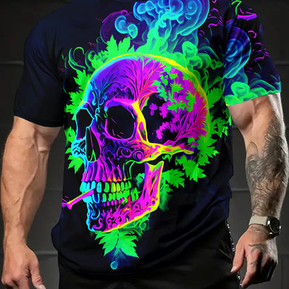 Men's Fluorescent Skull Print T-Shirt - Vibrant Summer Short Sleeve Tee, Casual & Comfortable Round Neck Graphic Tee for Casual Attire, Everyday Tshirt | Artistic Fashion Tee | Comfortable Fit, Tee Shirts