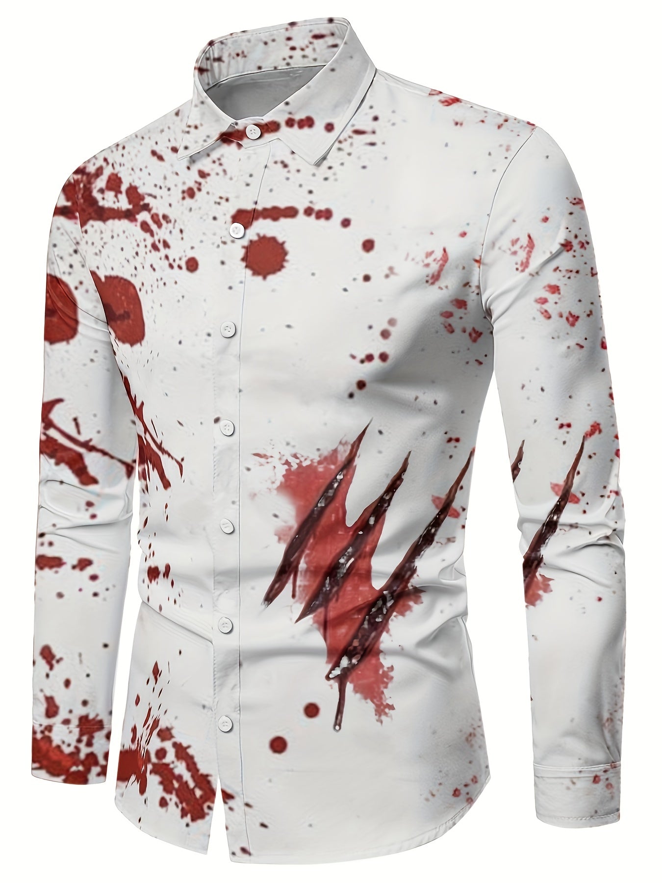 Scary Blood & Handprint Pattern Men's Long Sleeve Lapel Shirt, Men's Halloween Style Clothing For Spring Fall
