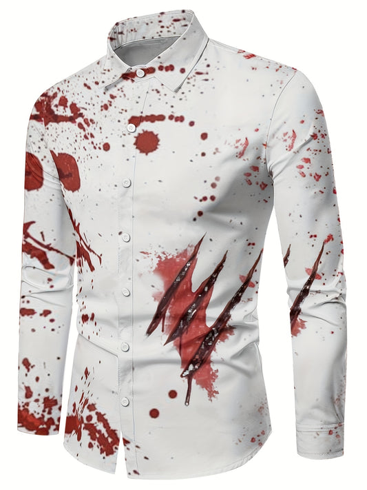 Scary Blood & Handprint Pattern Men's Long Sleeve Lapel Shirt, Men's Halloween Style Clothing For Spring Fall