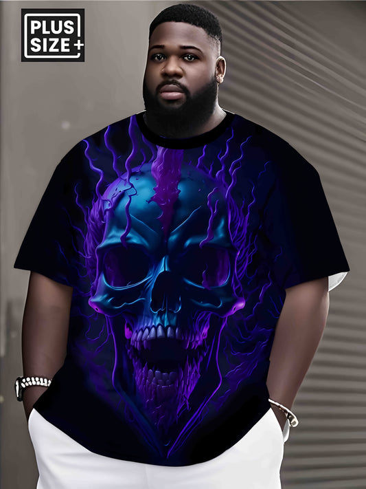 Men'S Plus Size 3D Skull Print T-Shirt - Vibrant Purple & Blue Graphic Tee, Casual Summer Short Sleeve Crew Neck, Comfortable & Quick-Dry Top for Casual Attire, Comfortable Clothing | Bold Graphic Tee | Quickdry Material, PLU