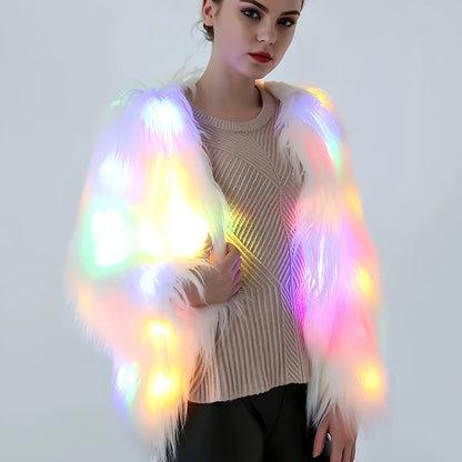 Elegant LED Faux Fur Coat for Women - Fashionable, Night-Lighting, Fall/Winter, Polyester, Non-Stretch, Solid Color, Regular Sleeve, Long Sleeve, No Belt, Pocket, Single Breasted Placket, Weekend Casual, Regular Fit, Adult, A
