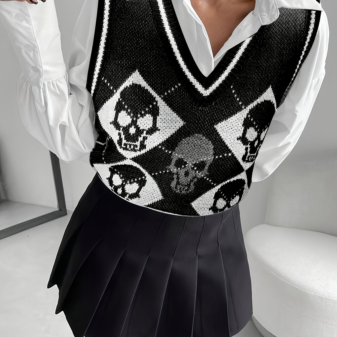 [Elegant Skull Print Vest] Elegant & Versatile Women's V-Neck Skull Print Vest | Black & White Halloween Pattern Sleeveless Top, Medium Stretch for Spring Summer Fall, Layering Piece for Casual & Formal Outfits