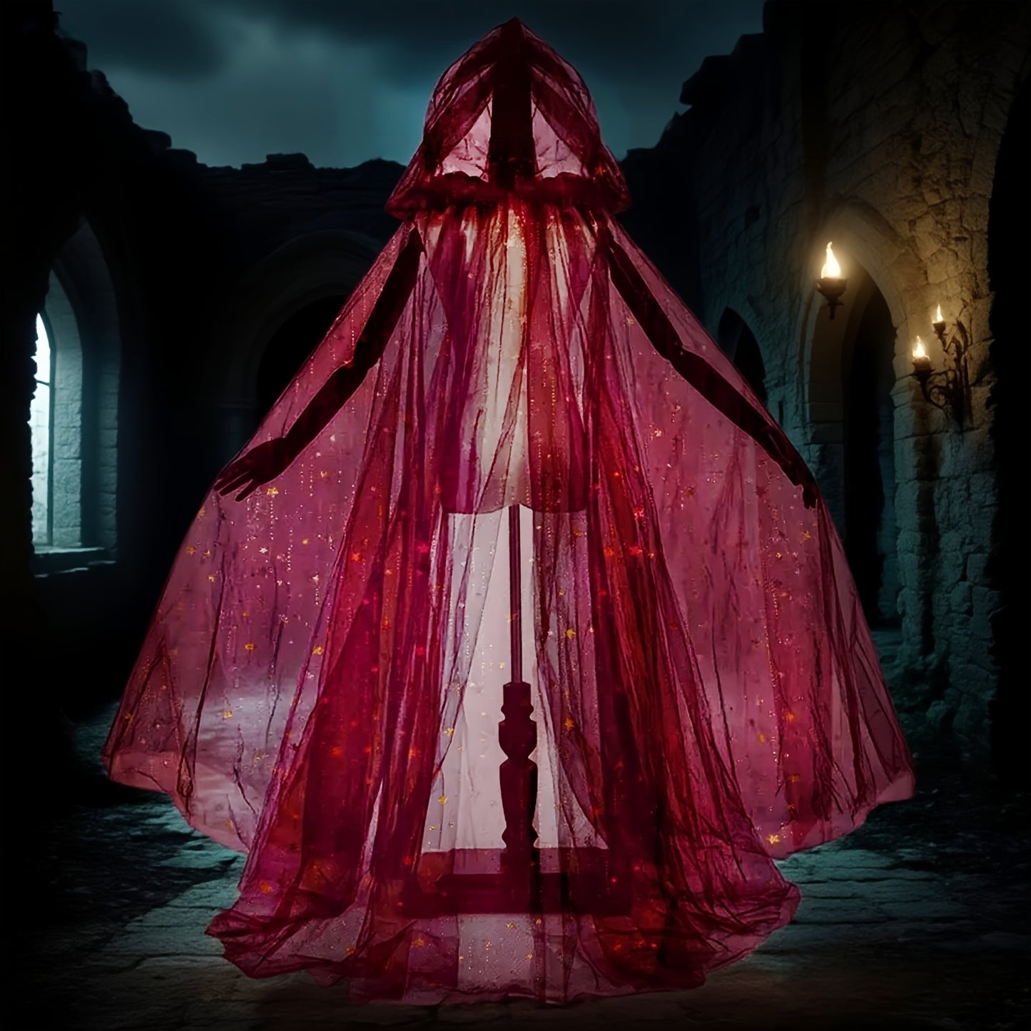 [Halloween Horror Party Cloak] 1pc KUIJA Bride Shawl Witch Vampire Cosplay Cloak - Double Layered Halloween Horror Party Costume Prop, White, Black & Red Options, Polyester Woven Fabric for Carnival Outfits, Halloween Costume