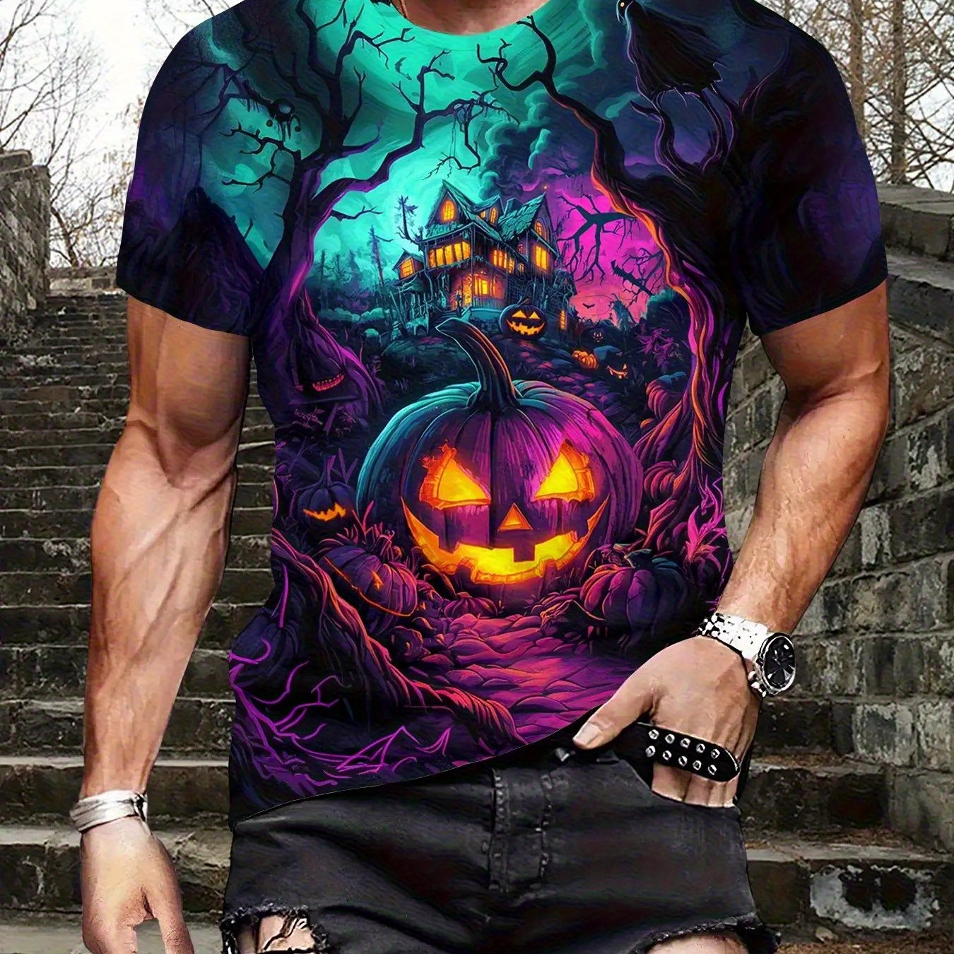 [Halloween Tee] Lightweight Breathable Halloween Tee - Men's Plus Size Big & Tall Friendly T-Shirt with Jack-O'-Lantern, Pumpkin, Haunted House Graphic - Purple, Green, Orange, Black Spooky Colors - Machine Washable Costume T