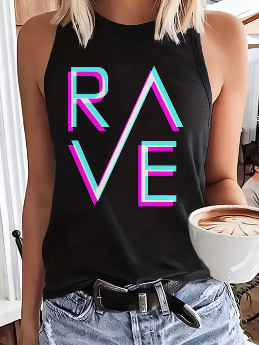 Women's Sexy Sleeveless Tank Top - Black with Neon Pink & Blue 'RAVE' Letter Print, 100% Polyester, Stretchy Round Neck, Machine Washable, All-Season Casual Wear