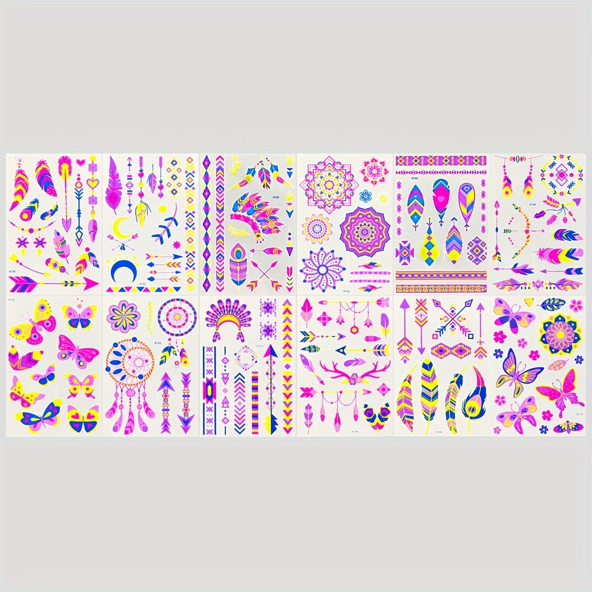 12 Sheets NeonGlow in the Light Temporary Tattoos