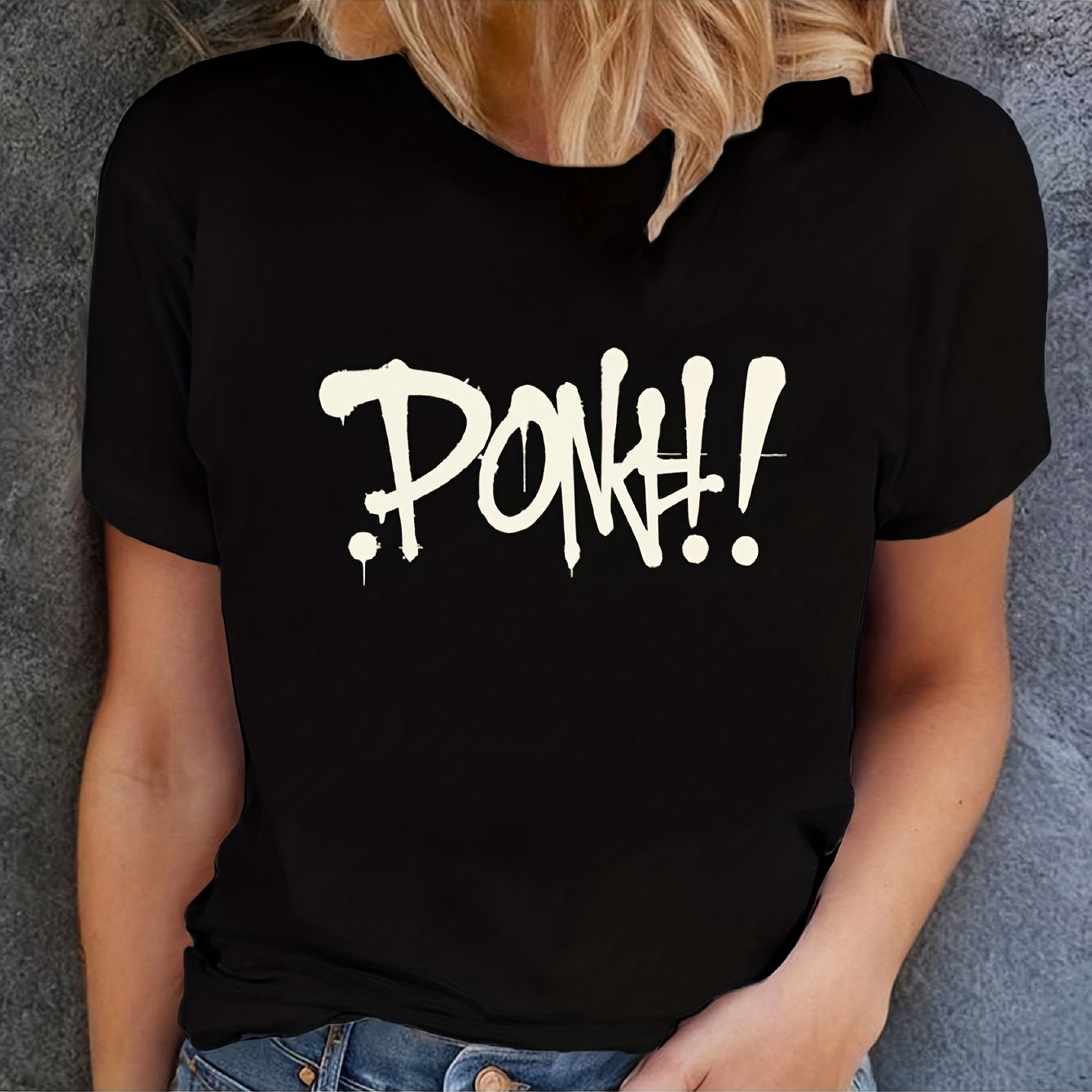 Women's Casual Graphic Print T-Shirt - Short Sleeve Crew Neck, Black with Bold "DONK!" Design, Lightweight & Comfortable for Spring & Summer, Everyday Comfort | Relaxed Fit Tee | Durable Fabric