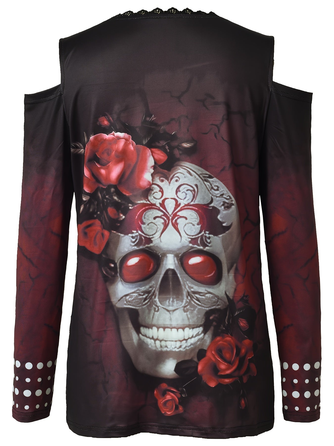 Vintage Skull Print Cold Shoulder T-Shirt - Trendy Long Sleeve Design with Cozy Fit, Distressed Retro Look, and Bold Graphic Print - Perfect for Spring & Fall, Womens Fashion Clothing