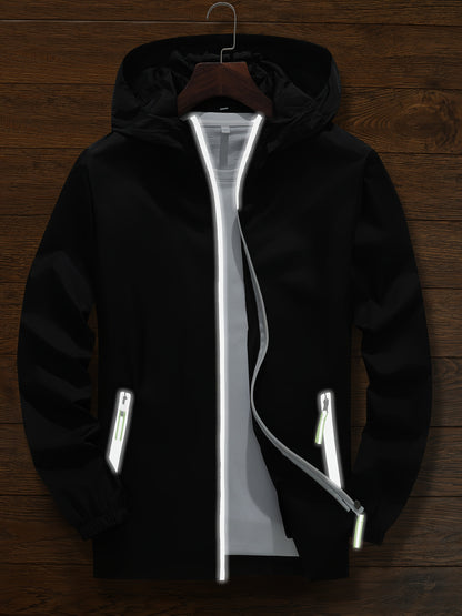 Men's Zip-Up Hooded Jacket - Breathable Reflective Outerwear for Gym, Cycling, Hiking & Beach Use - Lightweight Spring/Summer/Autumn Outdoor Wear with Zippered Storage Design. High-Quality Unisex Hoodie Perfect for Water Spor