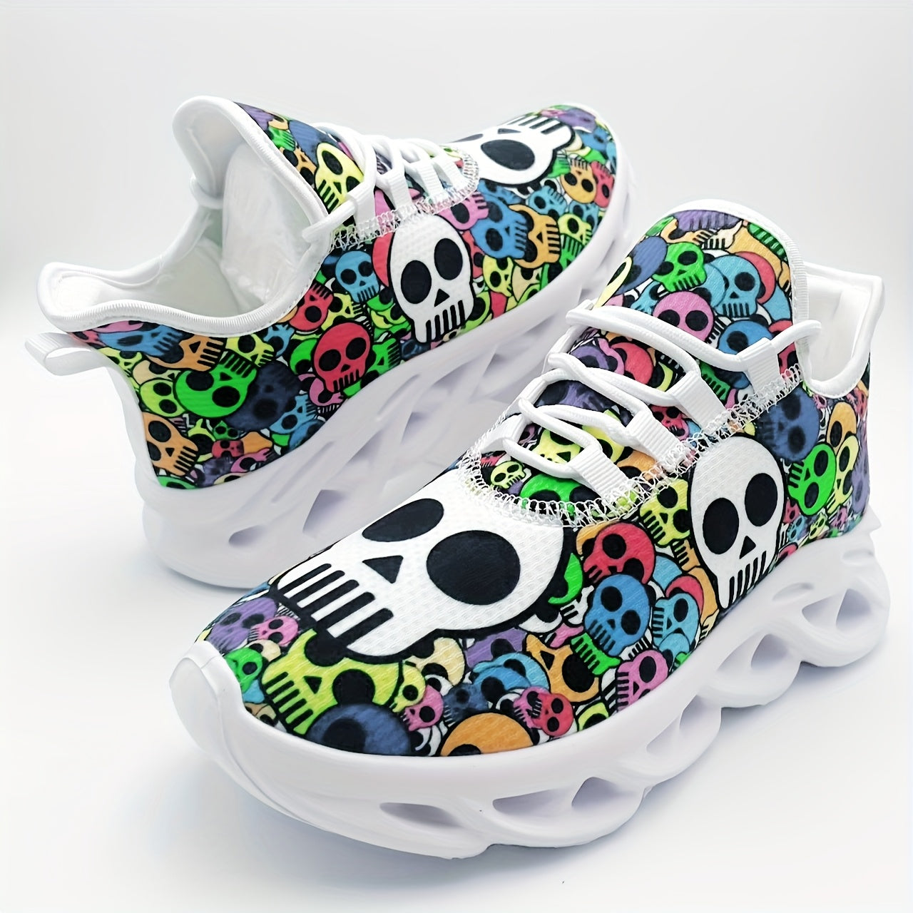 Stylish Skull Print Sneakers - Ultra-Breathable, Shock-Absorbing, Lightweight Running Shoes with EVA Insole for All-Season Comfort - Halloween-Inspired, Casual, Lace-up Athletic Footwear for Men