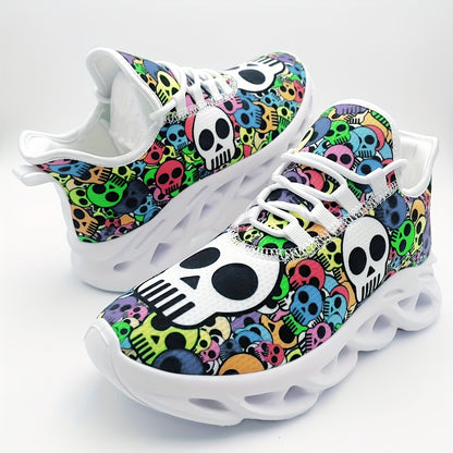 Stylish Skull Print Sneakers - Ultra-Breathable, Shock-Absorbing, Lightweight Running Shoes with EVA Insole for All-Season Comfort - Halloween-Inspired, Casual, Lace-up Athletic Footwear for Men