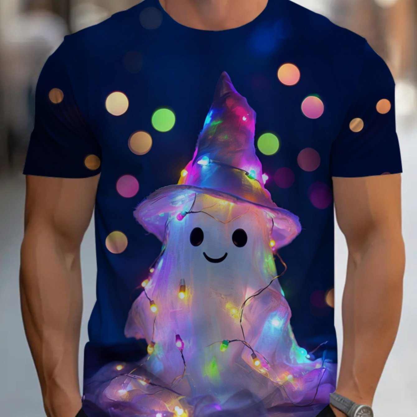 Men's Halloween T-Shirt - Navy Blue Costume Party Shirt with Cute Wizard Hat, Soft Breathable Fabric for Halloween Costumes, Themed Events & Casual Attire - Machine Washable Spooky Apparel Gift for Adults, Halloween Clothes,