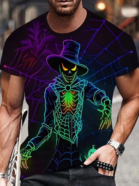 [Glow In Dark Halloween Tee] Glow In Dark Men's Halloween T-Shirt | Spider Web Monster Graphic Tee with Purple/Black/Teal Glow - Lightweight Knit Fabric, Regular Fit for Costume Parties, Casual Attire, Halloween Outfits, Part