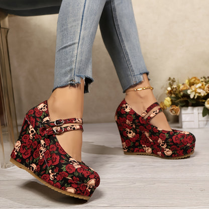 Women's Gothic Rose & Skull Print Wedge Heels - Elegant Ankle Strap Platform Pumps with Metallic Buckle, Red Floral Design on Black Background, Perfect for Casual or Stylish Outfits, Cute Heels