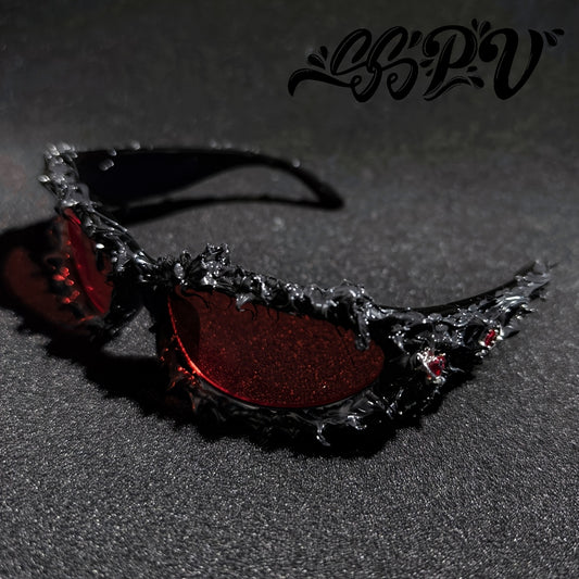 [Gothic Glasses] SSPV Handmade Gothic Glasses - Black Frame & Red Lens Vintage, Dramatic Eyewear for Costume Parties, Halloween, Carnival - Unique Statement Piece Fashion Accessory, Goth Accessories, Halloween Costume, Bold D