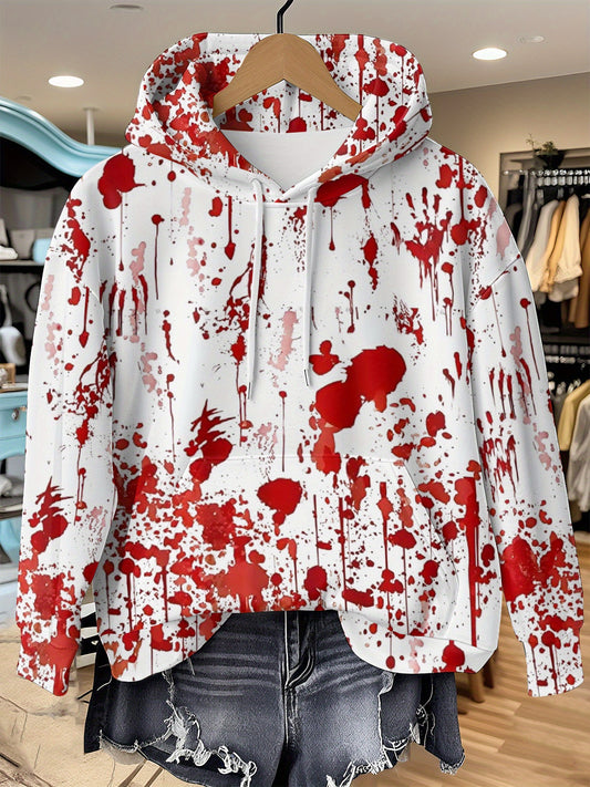 Women'S Halloween Hoodie - Full-Body Blood Splatter Print Pullover Sweatshirt, Red & White Horror Party Outfit, Machine Washable Hooded Sweatshirt for Costume Events & Everyday Gothic Fashion, Halloween Clothes, Casual Wear,