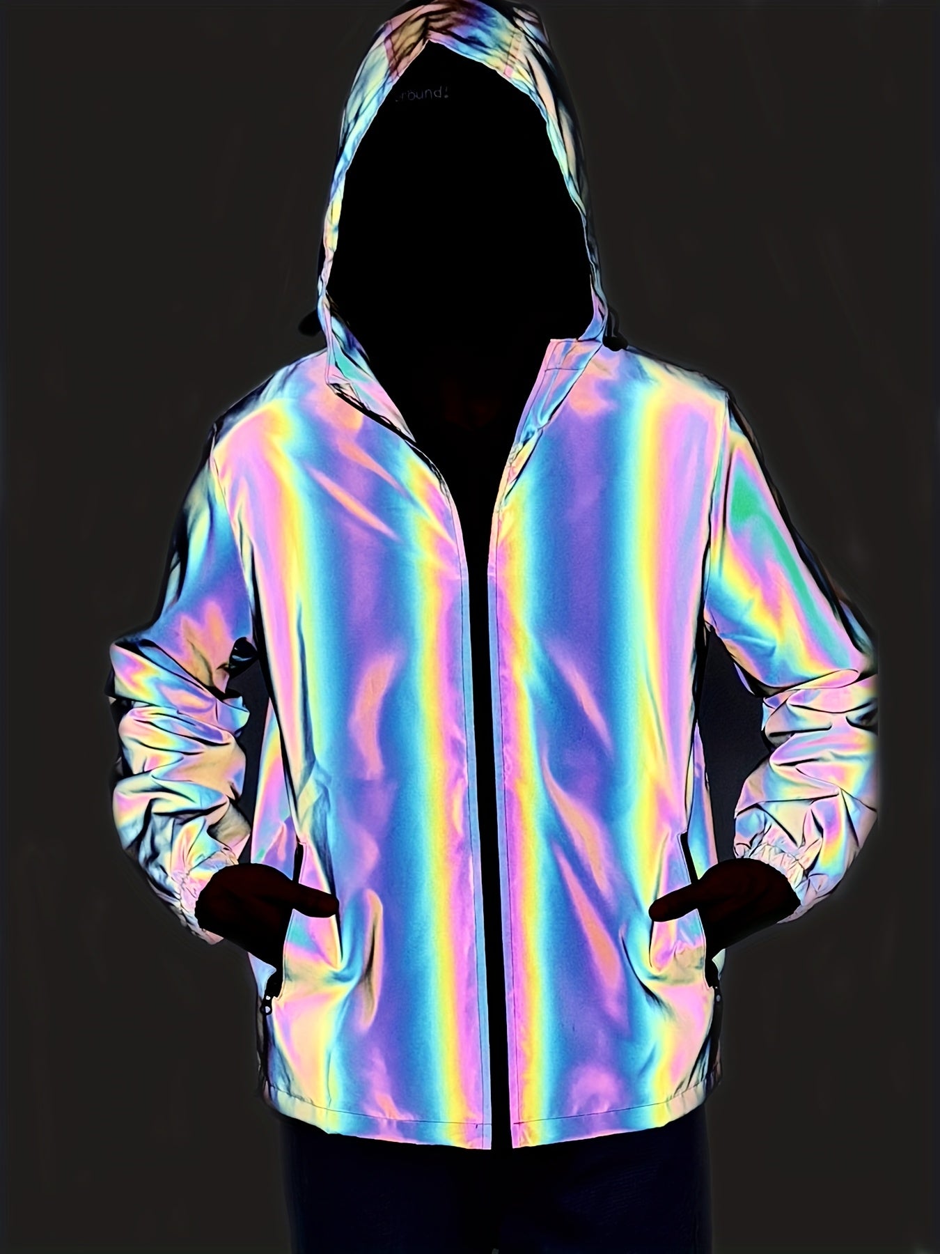 Men'S Reflective Rainbow Hooded Jacket - Stylish Casual Streetwear with Zipper Front, Long Sleeves, and Pockets for Spring & Fall, Spring Jacket | Iridescent Finish | Glossy Finish, Reflective Jacket