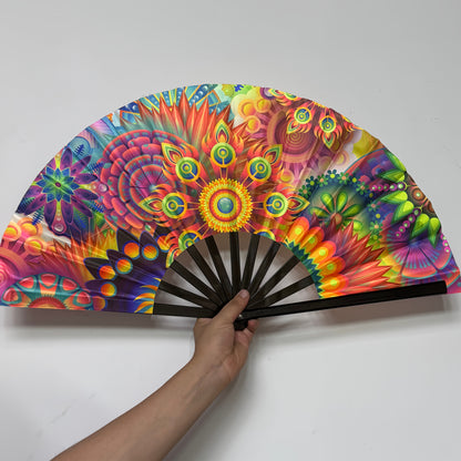 Large Fluorescent Kung Fu Folding Fan - Vibrant Multicolor Feather Design, Foldable Battery-Free Fan for EDM Festivals, Drag Queen Performances, Parties & Events