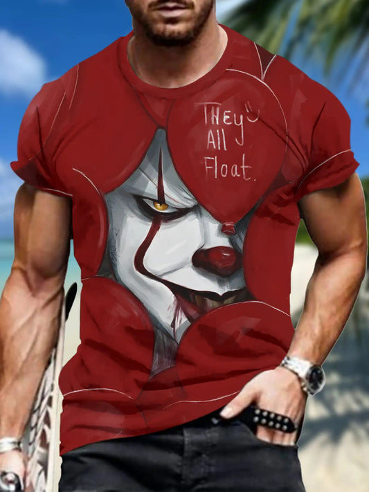 Men'S Horror Clown Graphic T-Shirt - Bold Pennywise Inspired Design, Soft Breathable Polyester Knit Tee for Halloween, Circus Parties & Casual Attire - Plus Size Available (Red/Black Color Scheme) - Adult Men'S Clothing, Hall