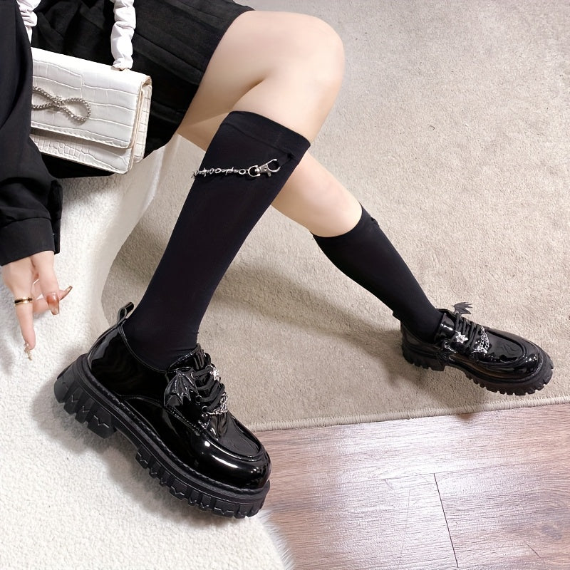 [Goth Bat Wing Flats] Goth Bat Wing Design Women's Stylish Black Lace-Up Flats | Silvery Star Charms & Chain Detail, Thick Rubber Sole, All-Season Comfort, Sweet & Edgy Fashion Statement