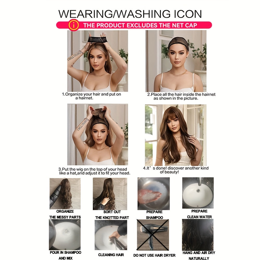 Elegant 22-Inch Two-Tone Black & White Wig for Women - Water Wave Synthetic Hair with Bangs, Perfect for Cosplay & Daily Fashion
