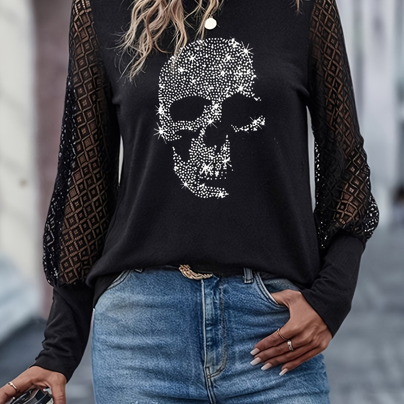 Skull Rhinestone Crew Neck T-Shirt, Contrast Lace Long Sleeve T-Shirt For Spring & Fall, Women's Clothing