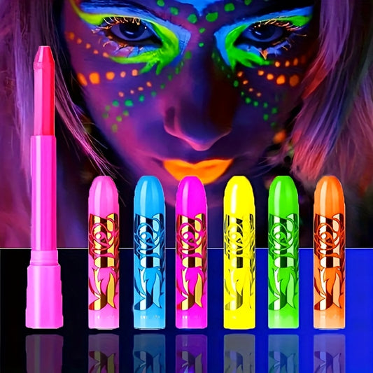 [Neon Face Paint Kit] 6pcs UV Neon Face Body Paint Kit - Glow in The Dark Under Black Light Glow Makeup Kit for Adult - Fluorescent Water-soluble Face Paints Crayons Sticks Markers for Birthday Mardi Gras Party Halloween Masq