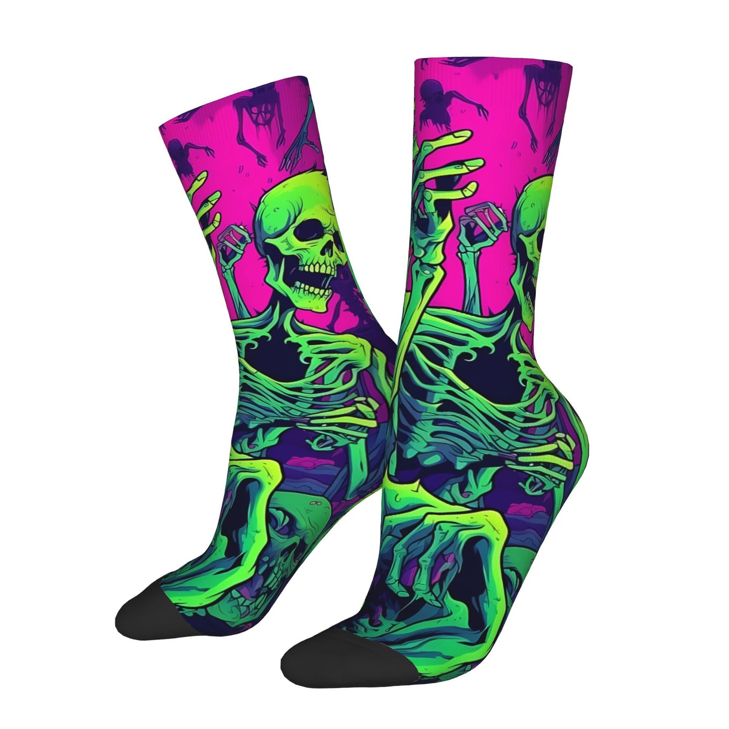 1 Pair Men's Neon Skeleton Knee-High Socks - Vibrant, Colorful Dancing Skeletons Pattern, Novelty Crew Socks, Polyester & Elastane Blend, Hand Wash Recommended, Novelty Socks | Skeleton Print Socks | Stretchy Fabric Socks