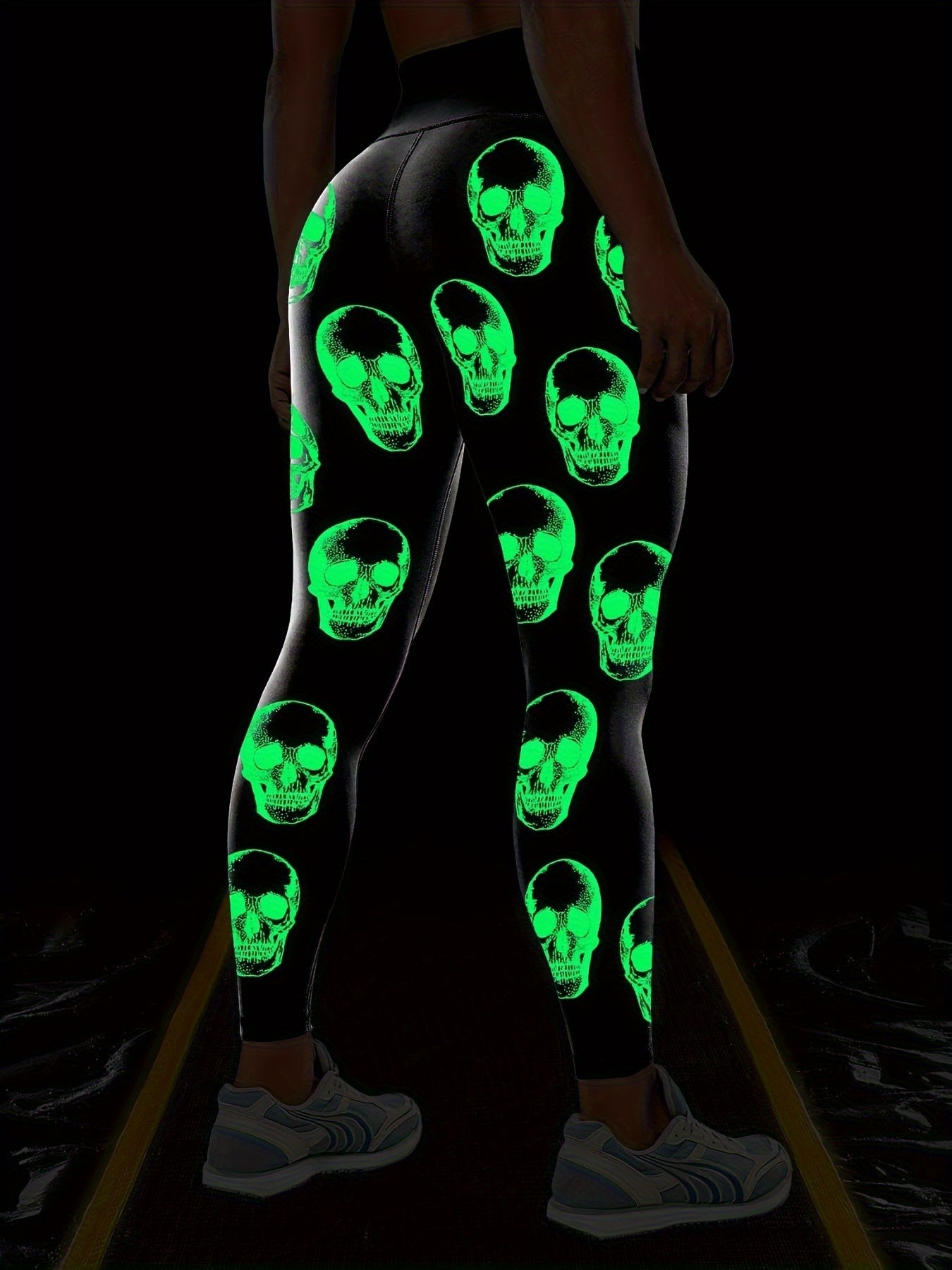 Halloween Fluorescent Skeleton Hands Printed Sports Yoga Leggings, High Waist Workout Running Sports Tight Pants, Women's Activewear Carnaval for carnival & Music Festival