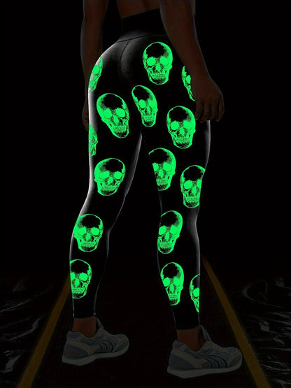 Halloween Fluorescent Skeleton Hands Printed Sports Yoga Leggings, High Waist Workout Running Sports Tight Pants, Women's Activewear Carnaval for carnival & Music Festival