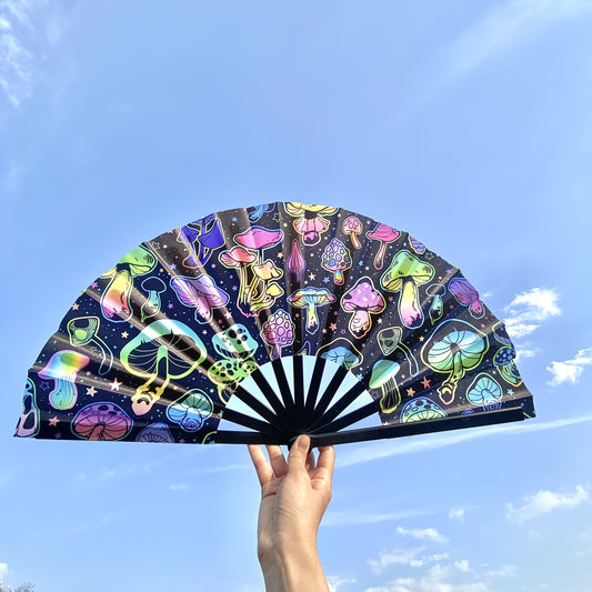33.02cm UV Glow Carnival Folding Fan - Vibrant Neon Mushroom & Butterfly Design, Durable Plastic, Perfect for Parties, Festivals, and Gifts, Handheld & Button Operated, Festive Accessory | Glow Party Fan | Durable Plastic Fan