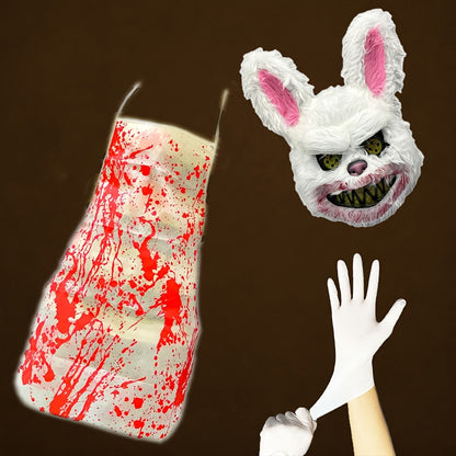 3pcs Horror Costume Set - Blood-Splattered Bunny & Killer Rabbit Mask with Bloody Apron & Gloves - Menacing White Rabbit Costume with Black Eyes & Sharp Teeth - Blood-Drip Design for Adults - Perfect for Halloween, Carnival,
